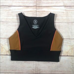 SAGE Black Sports Bra with Brown Panels and Coral Piping